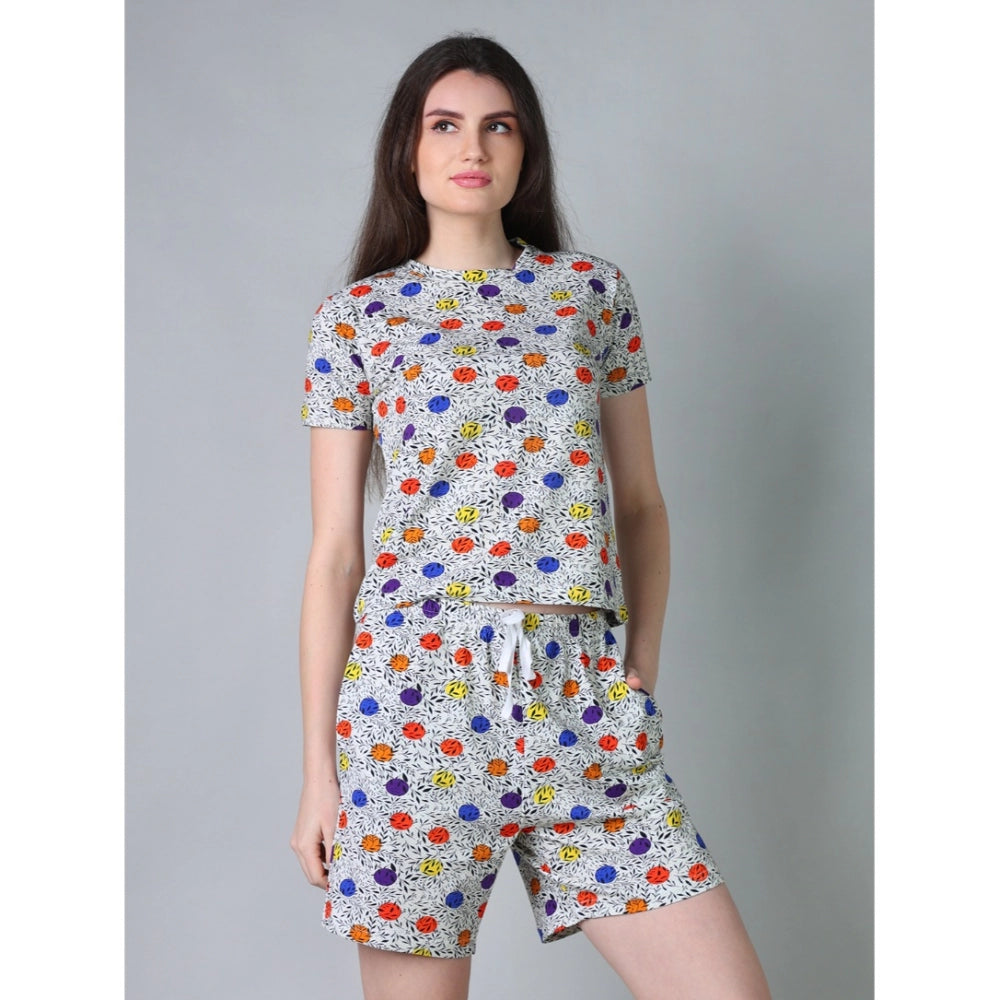 HD Women's Cotton Blended Printed Round Neck Half Sleeve Top - Shorts Set (Grey)