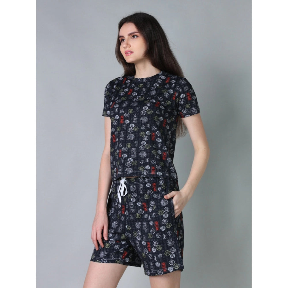 HD Women's Cotton Blended Printed Round Neck Half Sleeve Top - Shorts Set (Black)