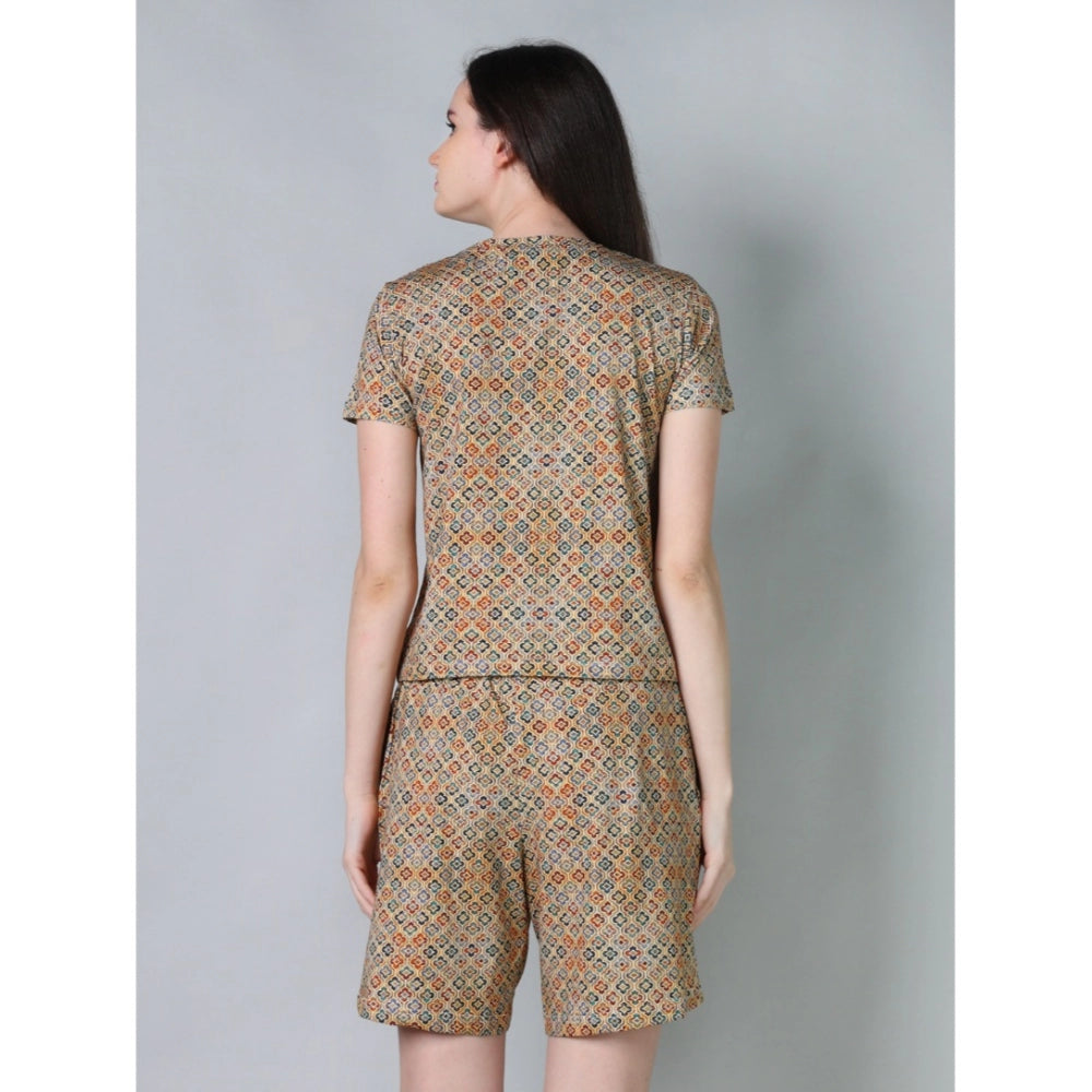 HD Women's Cotton Blended Printed Round Neck Half Sleeve Top - Shorts Set (Beige)