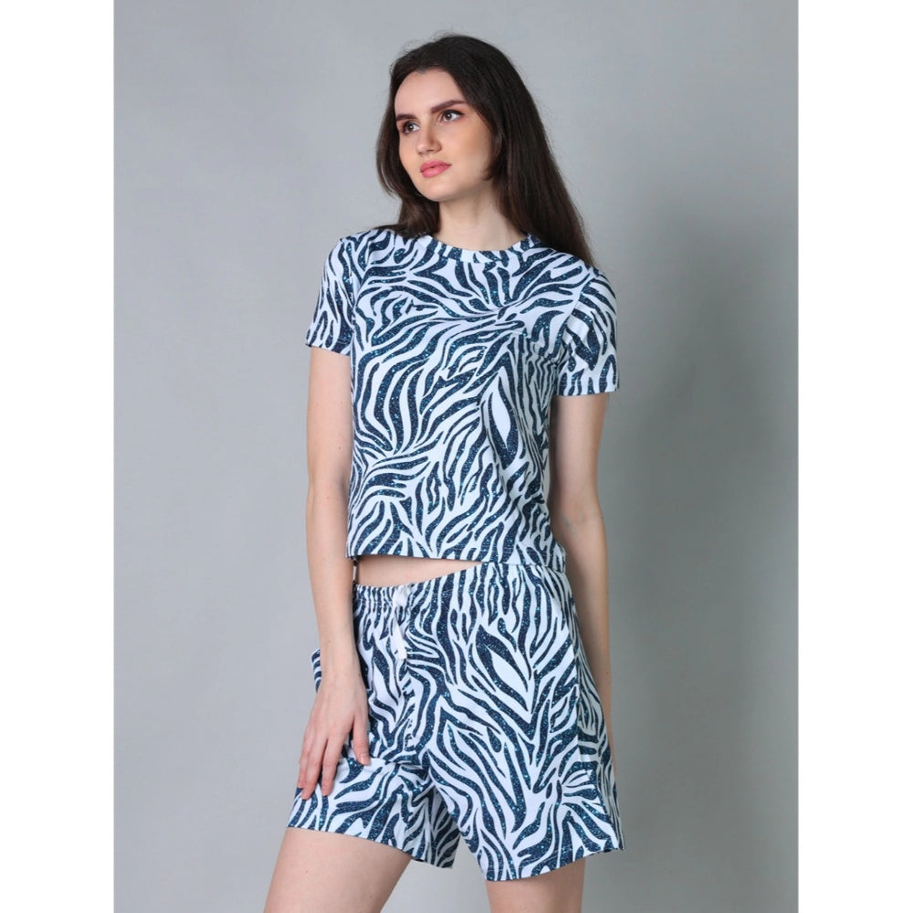 HD Women's Cotton Blended Printed Round Neck Half Sleeve Top - Shorts Set (Blue)