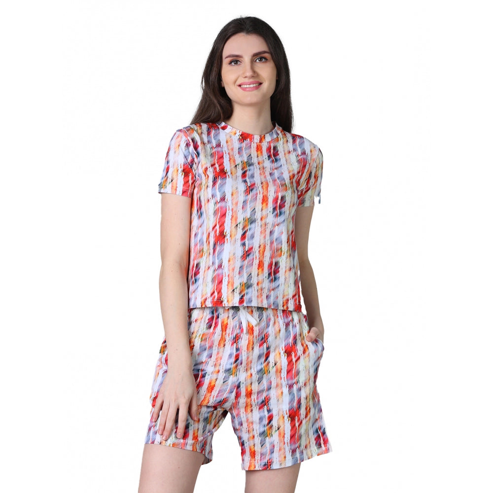 HD Women's Cotton Blended Printed Round Neck Half Sleeve Top - Shorts Set (Red)