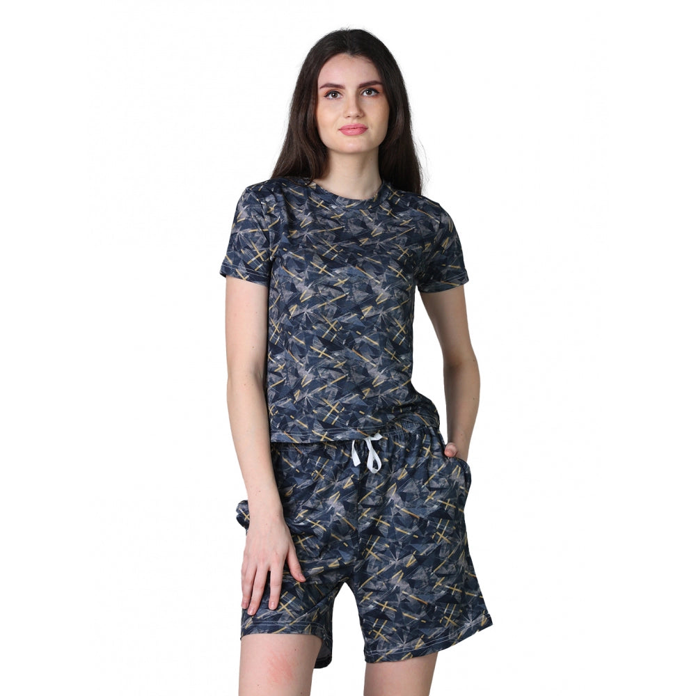 HD Women's Cotton Blended Printed Round Neck Half Sleeve Top - Shorts Set (Navy)