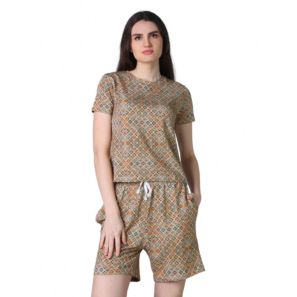 HD Women's Cotton Blended Printed Round Neck Half Sleeve Top - Shorts Set (Beige)