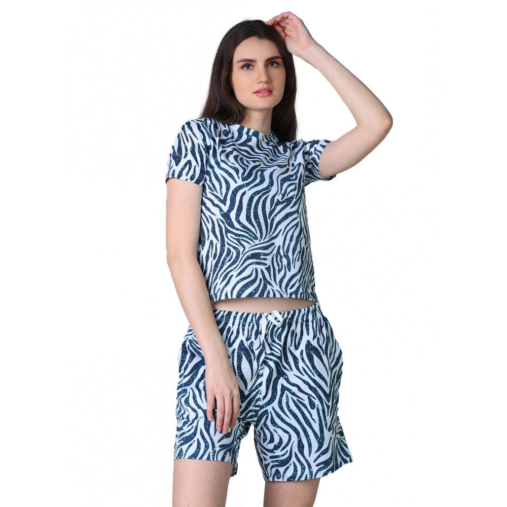 HD Women's Cotton Blended Printed Round Neck Half Sleeve Top - Shorts Set (Blue)