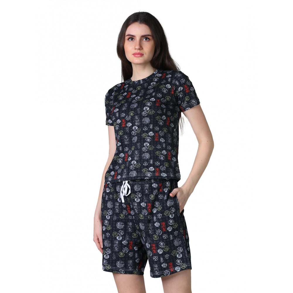 HD Women's Cotton Blended Printed Round Neck Half Sleeve Top - Shorts Set (Black)