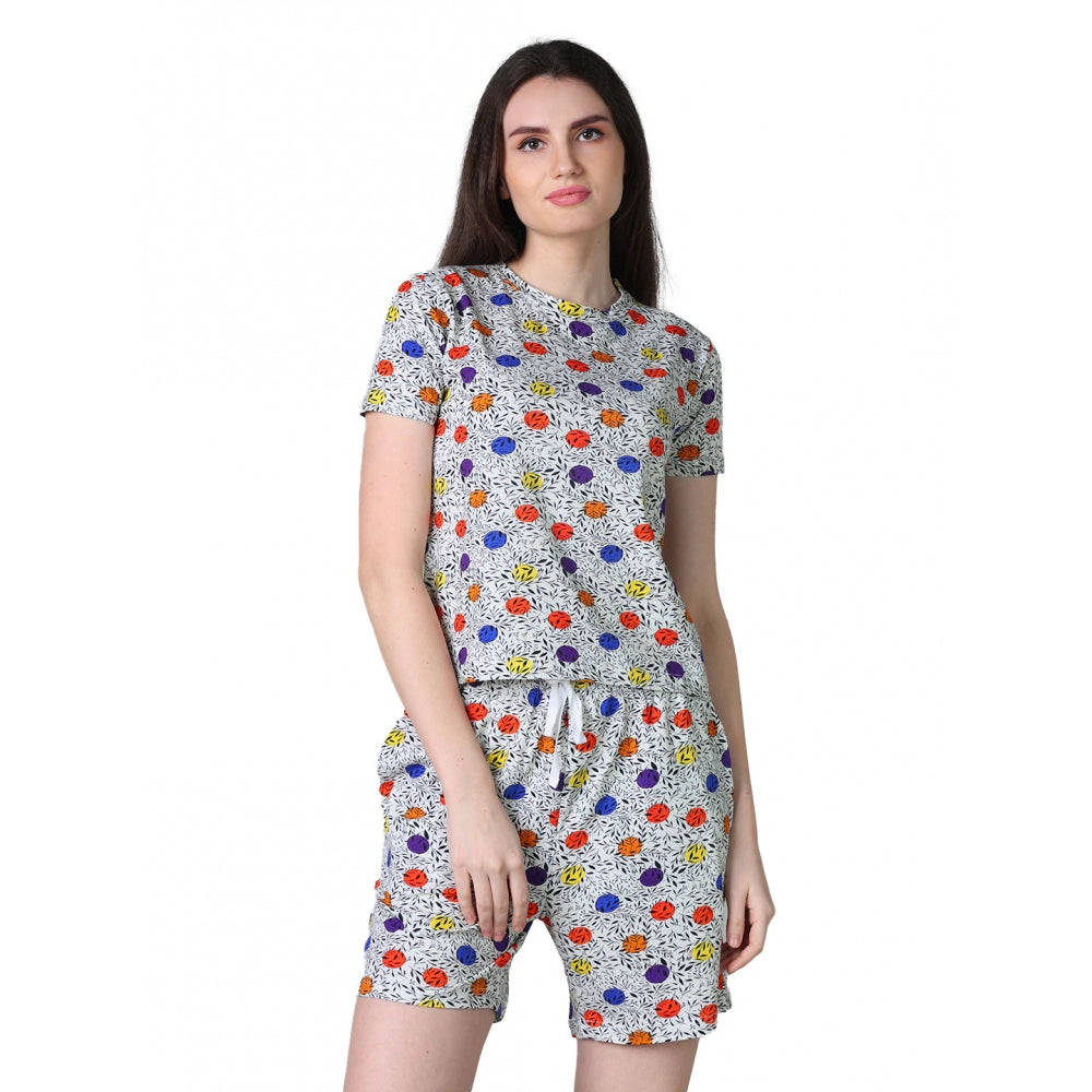 HD Women's Cotton Blended Printed Round Neck Half Sleeve Top - Shorts Set (Grey)