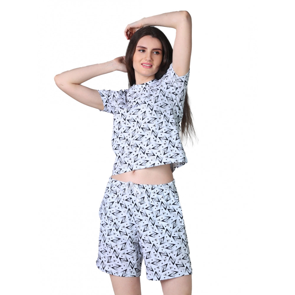HD Women's Cotton Blended Printed Round Neck Half Sleeve Top - Shorts Set (White-Black)