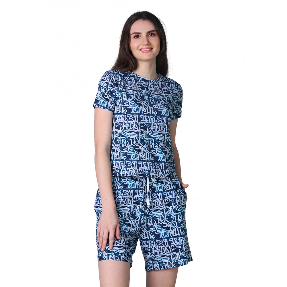 HD Women's Cotton Blended Printed Round Neck Half Sleeve Top - Shorts Set (White-Blue)
