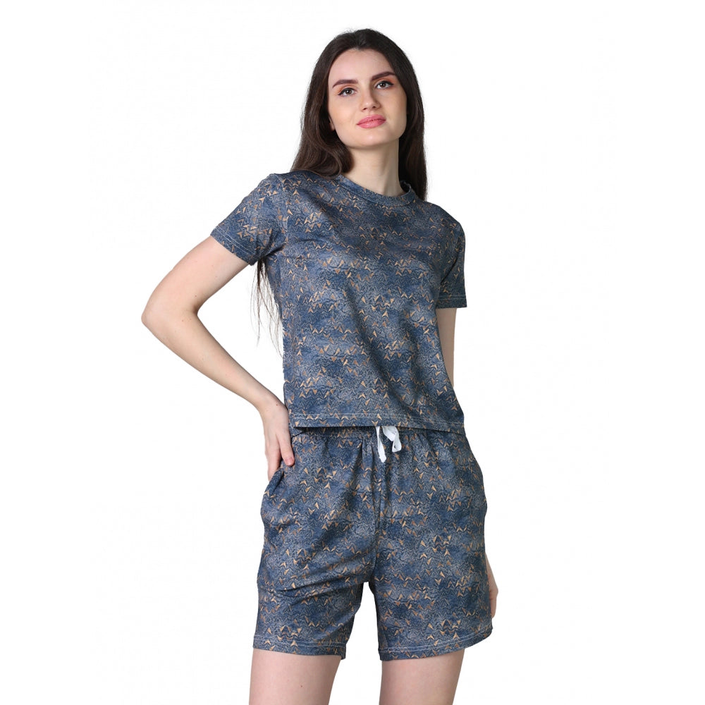 HD Women's Cotton Blended Printed Round Neck Half Sleeve Top - Shorts Set (Blue)