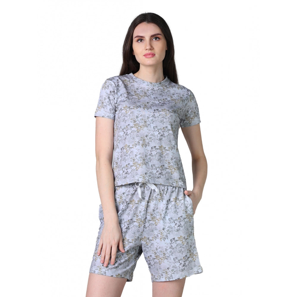 HD Women's Cotton Blended Printed Round Neck Half Sleeve Top - Shorts Set (Grey)