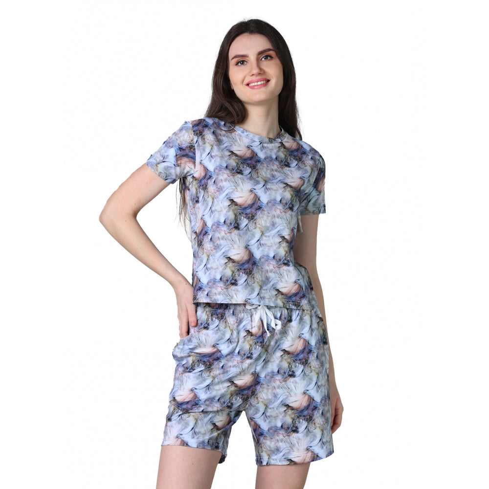 HD Women's Cotton Blended Printed Round Neck Half Sleeve Top - Shorts Set (Blue-Peach)