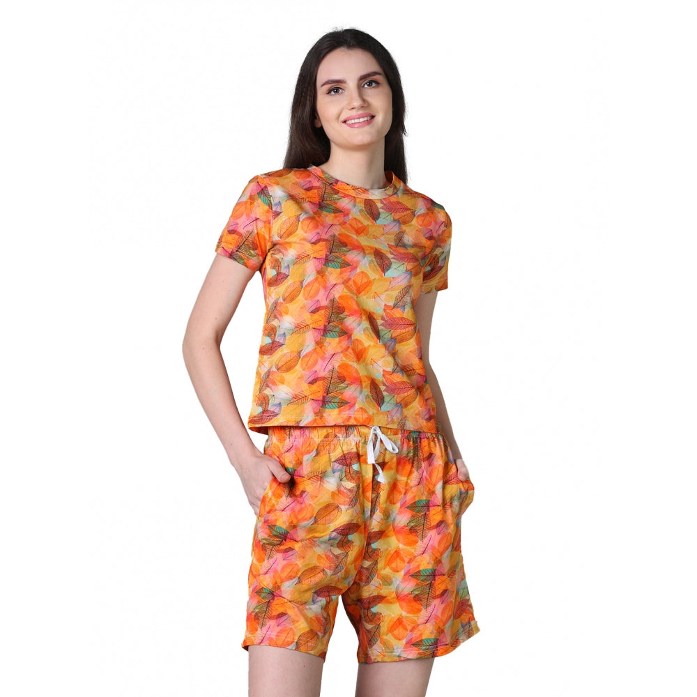 HD Women's Cotton Blended Printed Round Neck Half Sleeve Top - Shorts Set (Yellow)