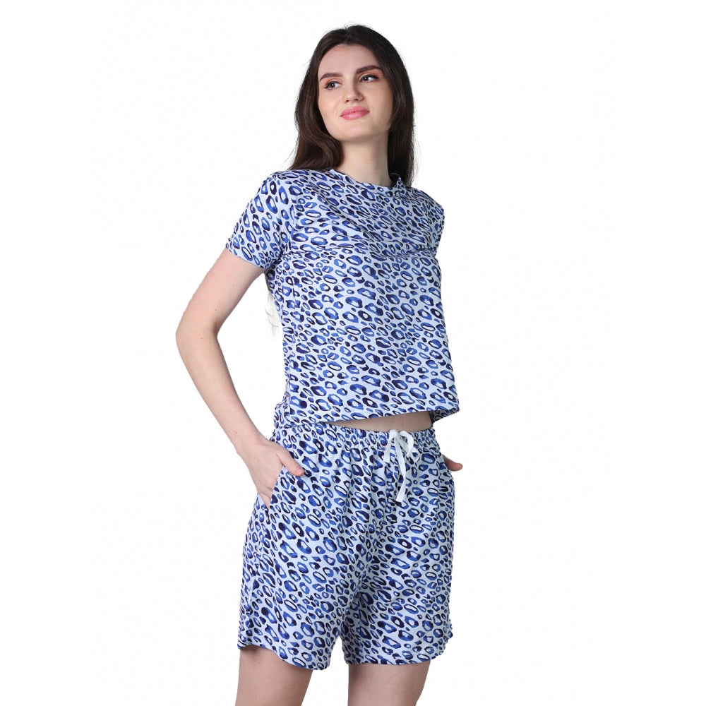 HD Women's Cotton Blended Printed Round Neck Half Sleeve Top - Shorts Set (Blue)