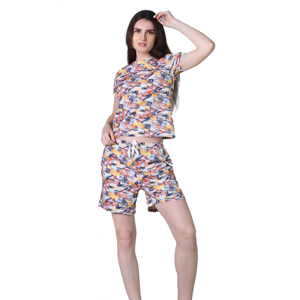 HD Women's Cotton Blended Printed Round Neck Half Sleeve Top - Shorts Set (Multicolor)
