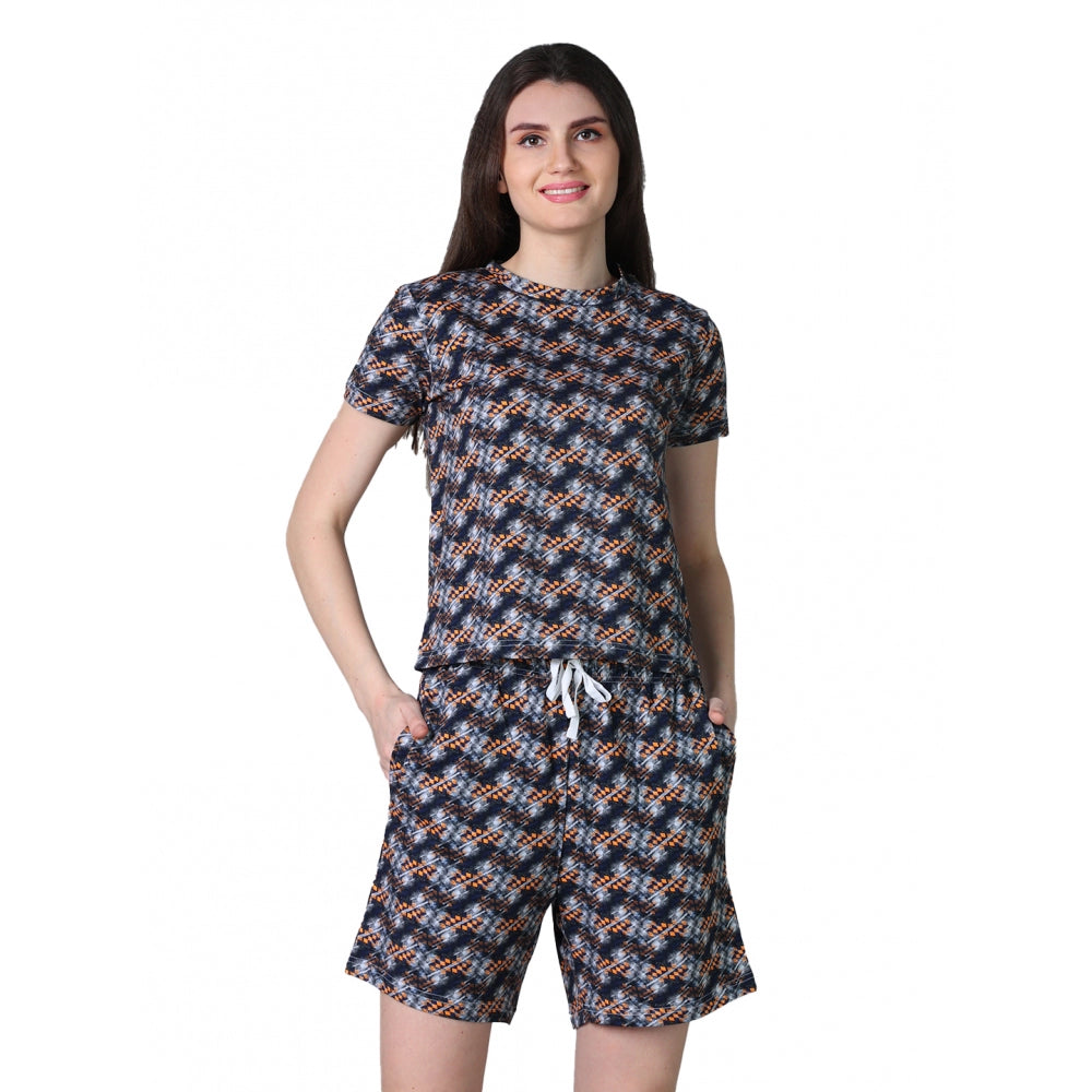 HD Women's Cotton Blended Printed Round Neck Half Sleeve Top - Shorts Set (Blue-Brown)
