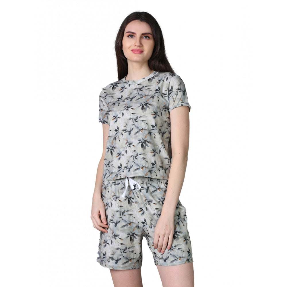 HD Women's Cotton Blended Printed Round Neck Half Sleeve Top - Shorts Set (Grey)