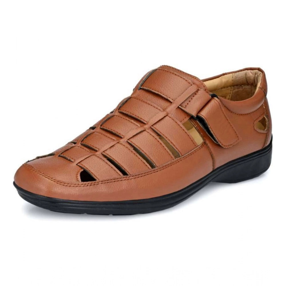 HD Men's Casual Faux Leather Solid Velcro Sandal (Tan)