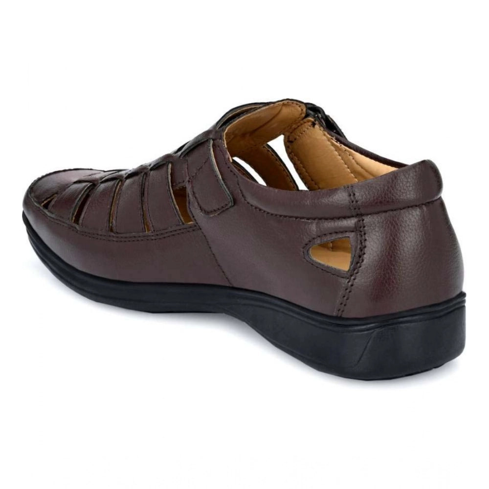 HD Men's Casual Faux Leather Solid Velcro Sandal (Brown)