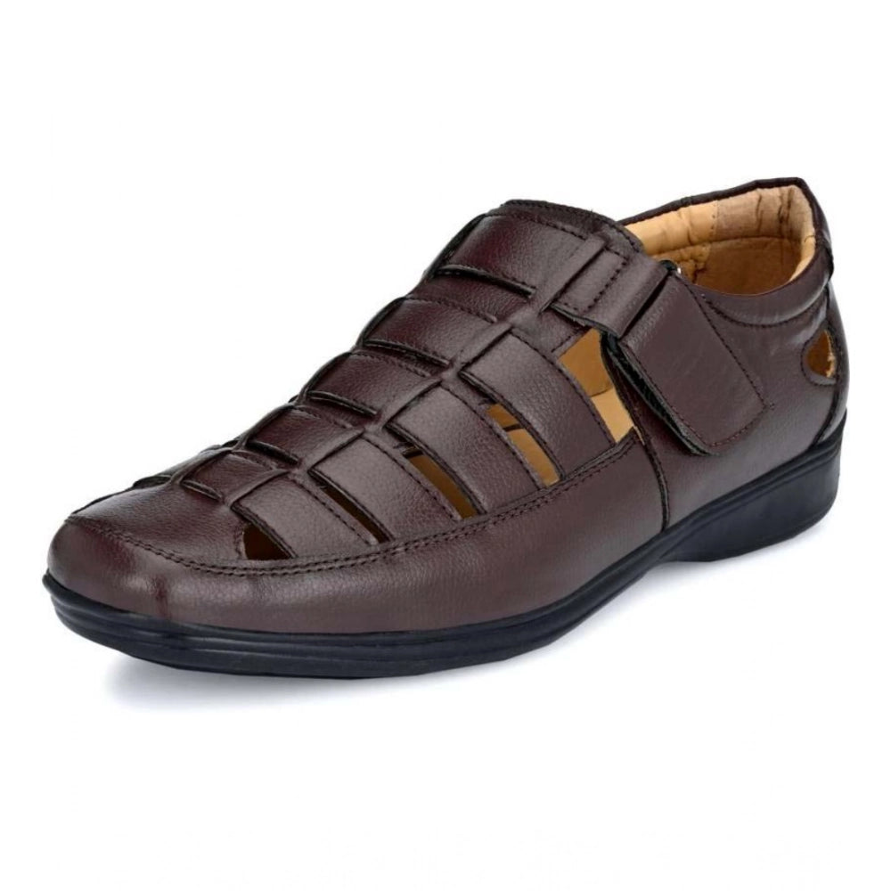 HD Men's Casual Faux Leather Solid Velcro Sandal (Brown)