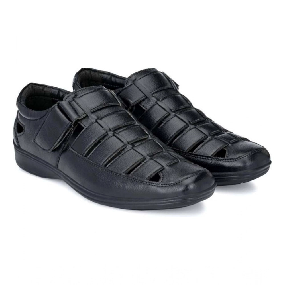 HD Men's Casual Faux Leather Solid Velcro Sandal (Black)
