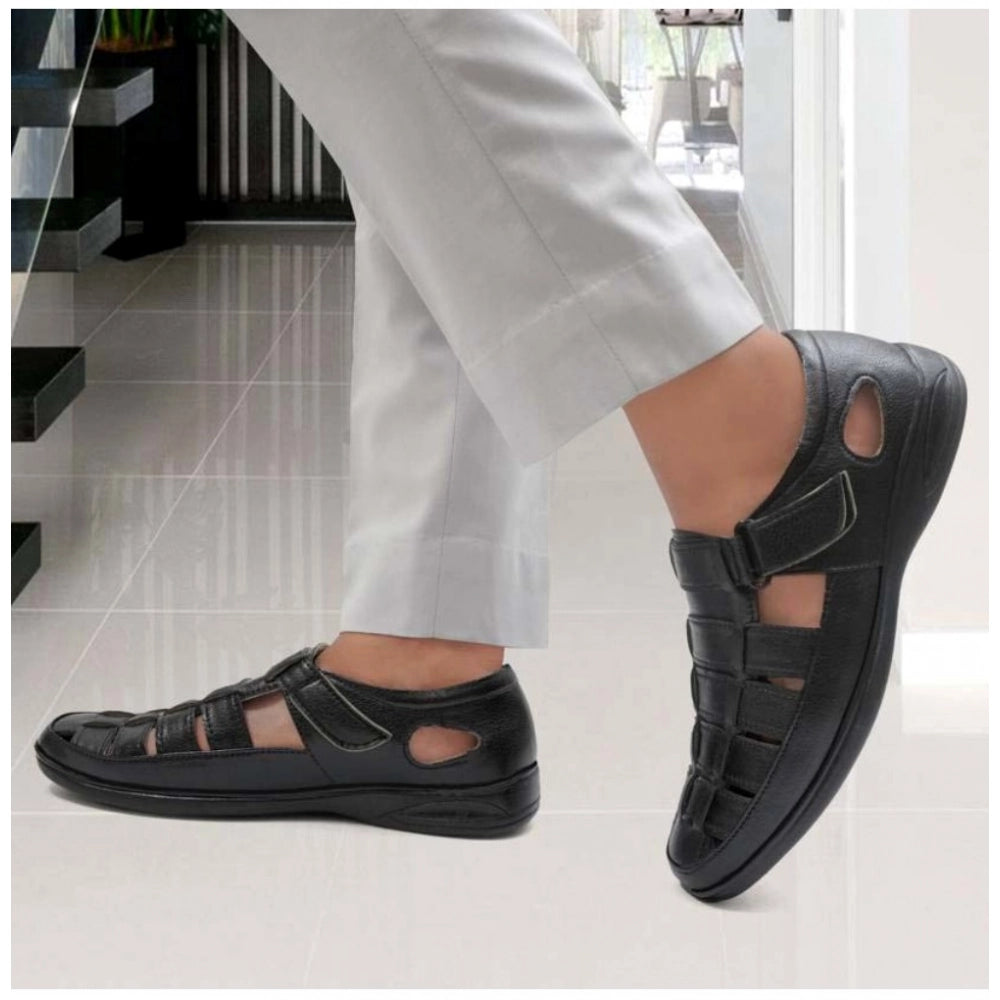 HD Men's Casual Faux Leather Solid Velcro Sandal (Black)