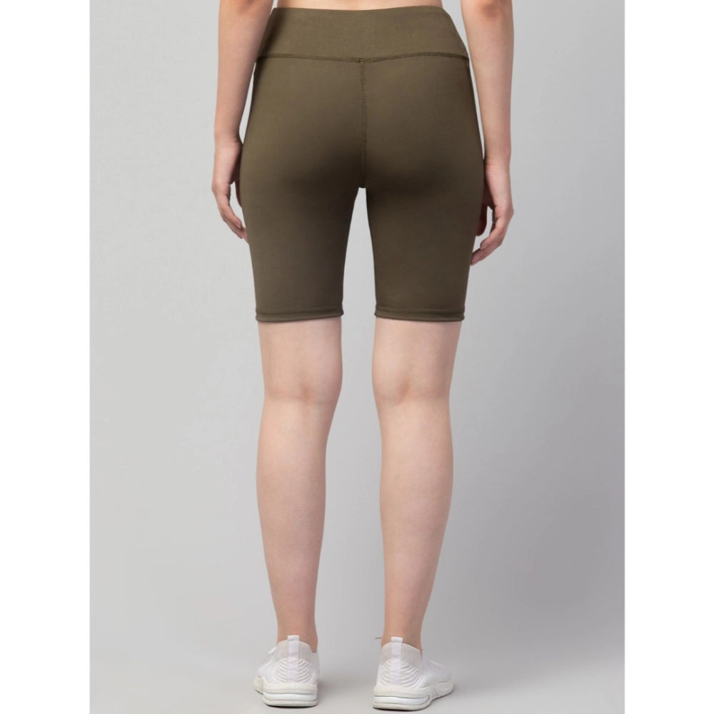 HD Women's Polyester Solid Above Knee High-Rise Shorts (Olive)