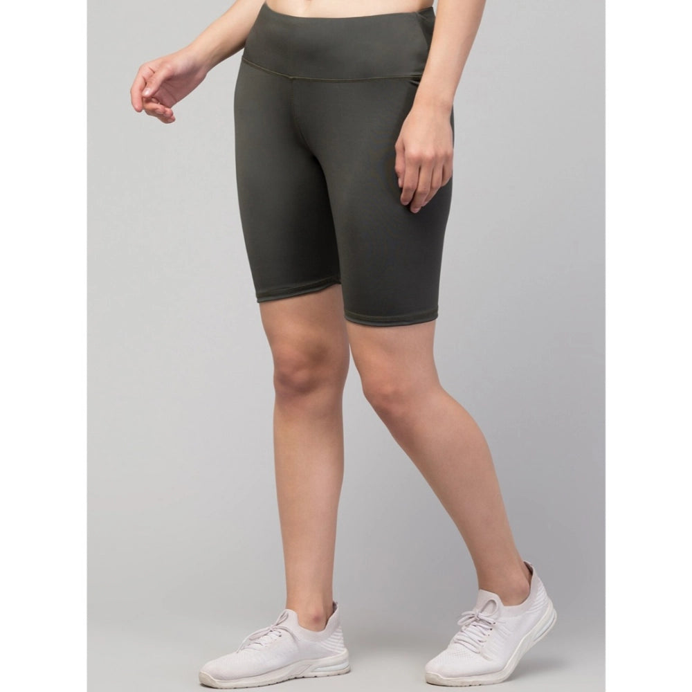 HD Women's Polyester Solid Above Knee High-Rise Shorts (Green)