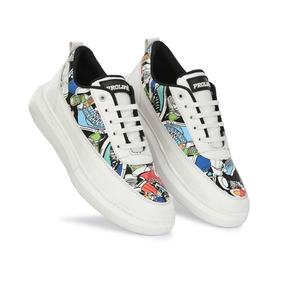 HD Men's Casual Synthetic Printed Lace-Up Shoes (White)