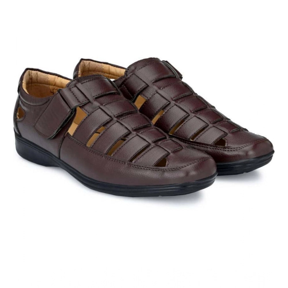 HD Men's Casual Faux Leather Solid Velcro Sandal (Brown)