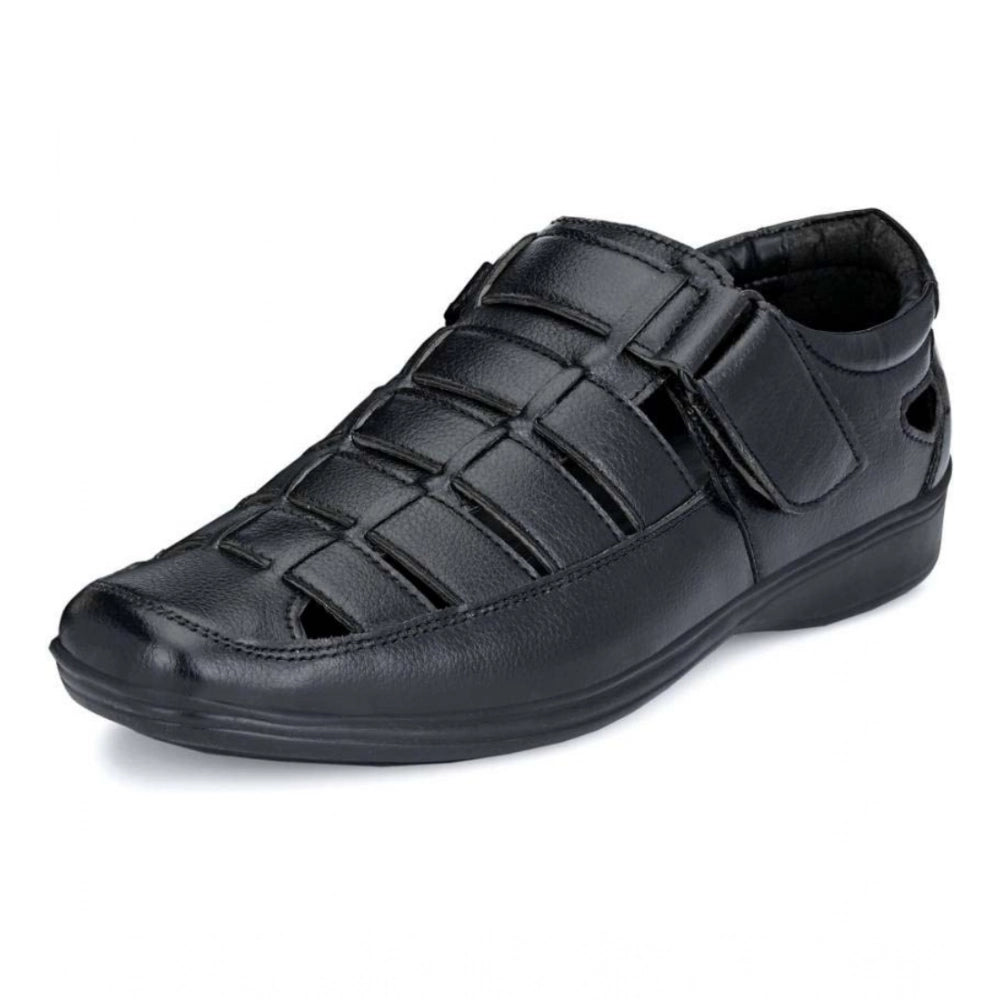 HD Men's Casual Faux Leather Solid Velcro Sandal (Black)