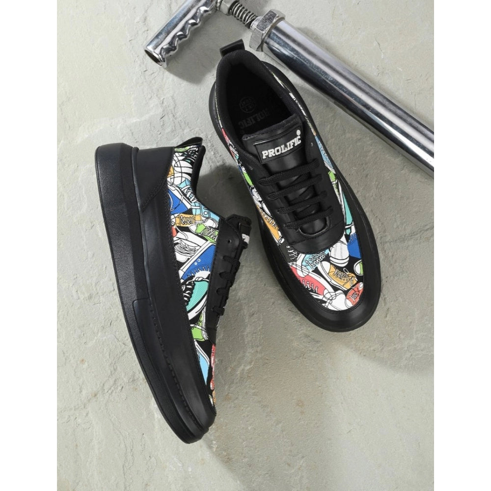 HD Men's Casual Synthetic Printed Lace-Up Shoes (Black)