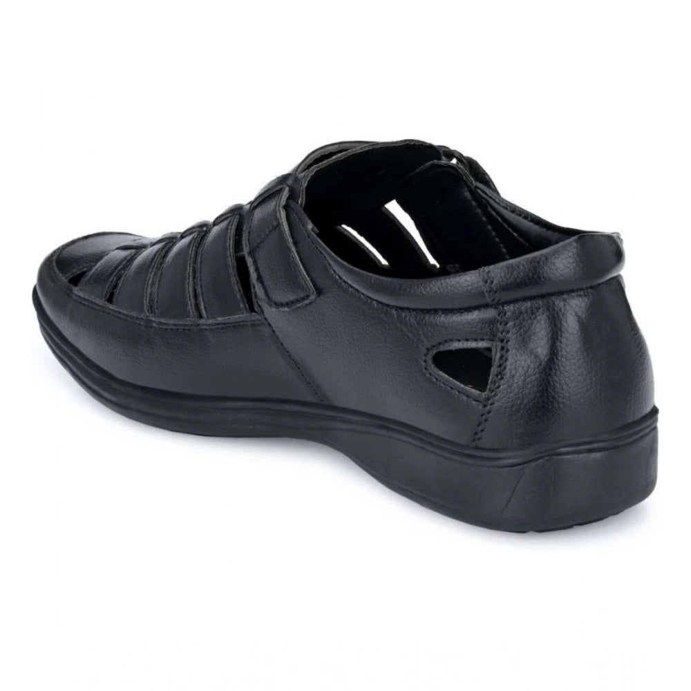 HD Men's Casual Faux Leather Solid Velcro Sandal (Black)