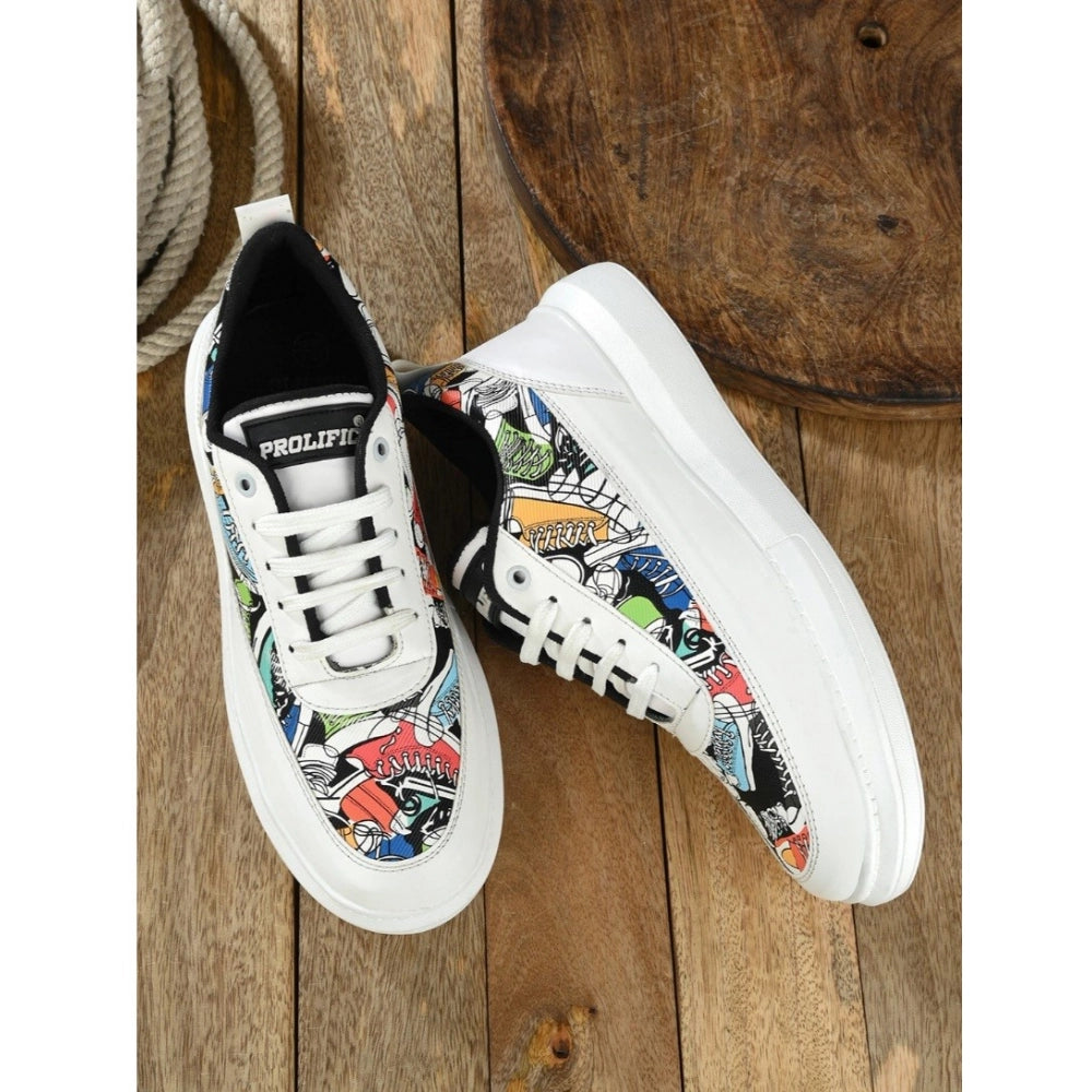 HD Men's Casual Synthetic Printed Lace-Up Shoes (White)
