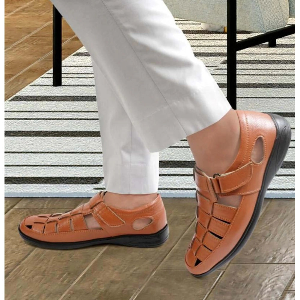 HD Men's Casual Faux Leather Solid Velcro Sandal (Tan)