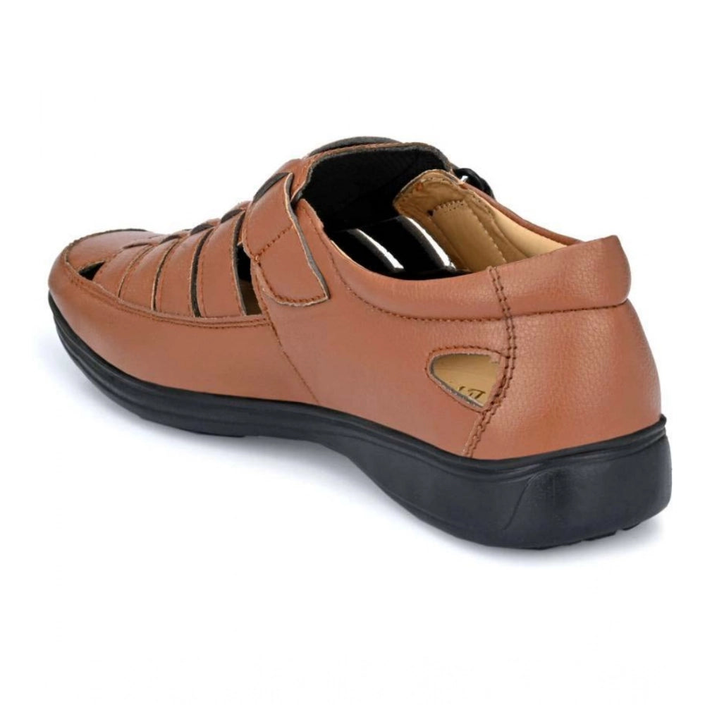 HD Men's Casual Faux Leather Solid Velcro Sandal (Tan)