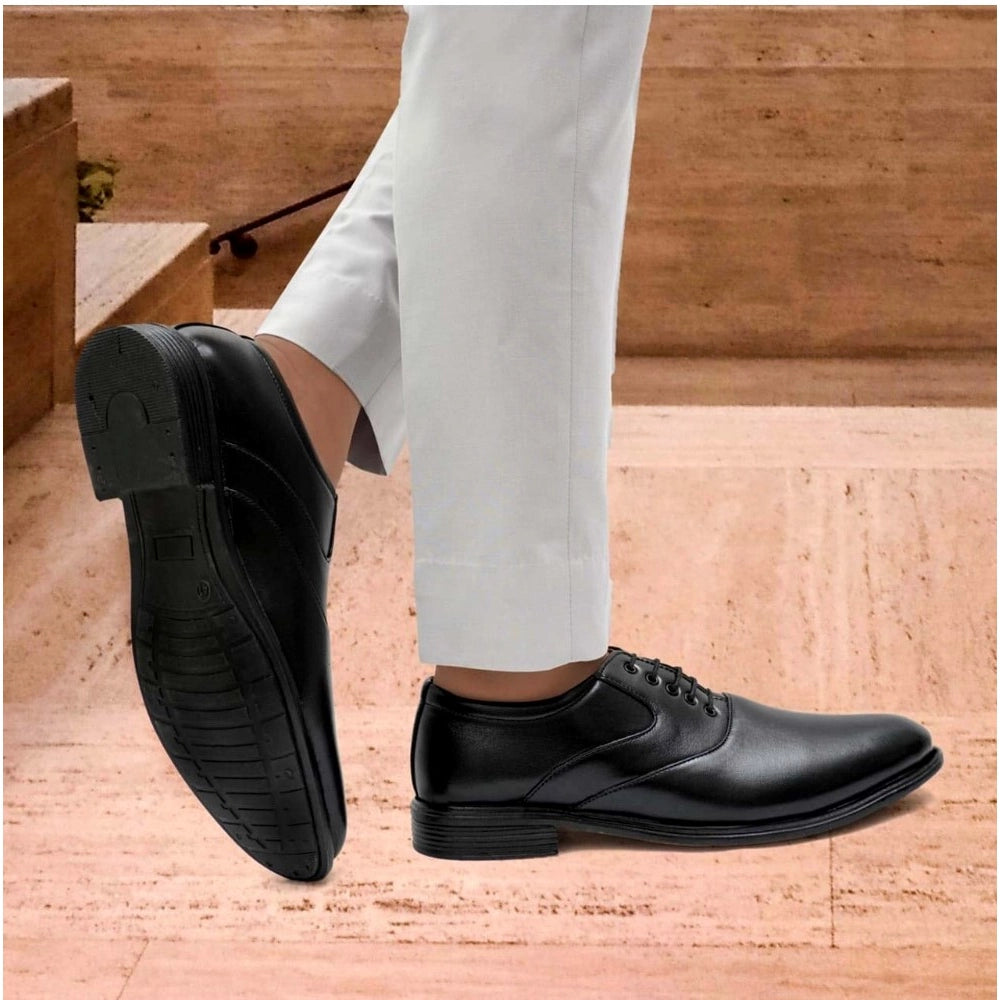 HD Men's Casual Faux Leather Solid Lace-Up Formal Shoes (Black)