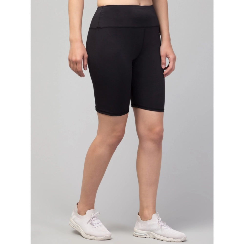HD Women's Polyester Solid Above Knee High-Rise Shorts (Black)