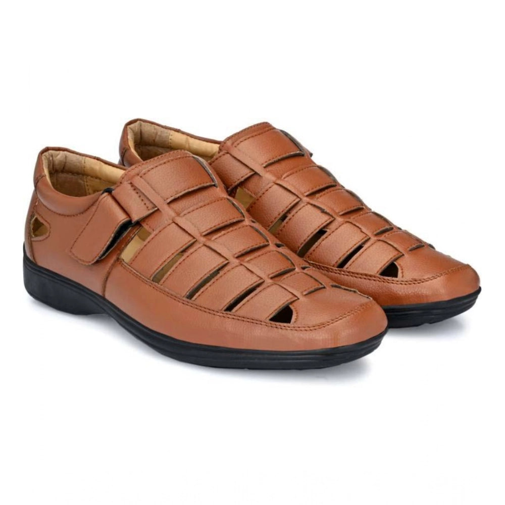 HD Men's Casual Faux Leather Solid Velcro Sandal (Tan)