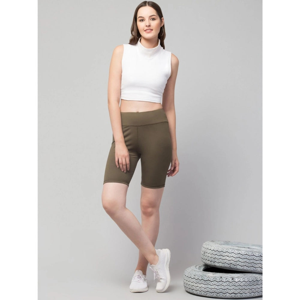 HD Women's Polyester Solid Above Knee High-Rise Shorts (Olive)