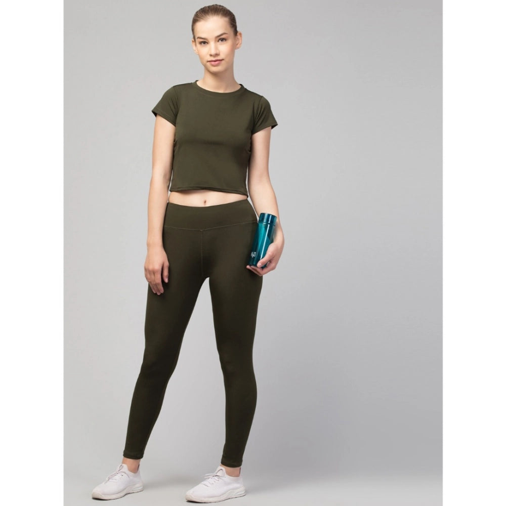 HD Women's Polyester Solid Ankle Length High-Rise Tights (Olive)