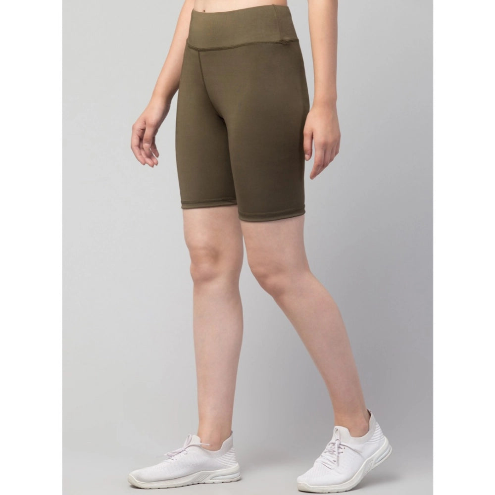 HD Women's Polyester Solid Above Knee High-Rise Shorts (Olive)