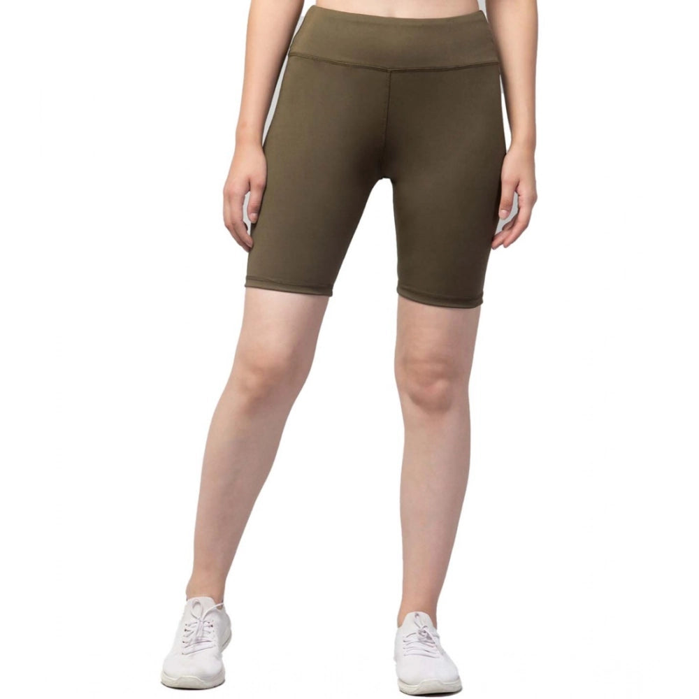 HD Women's Polyester Solid Above Knee High-Rise Shorts (Olive)