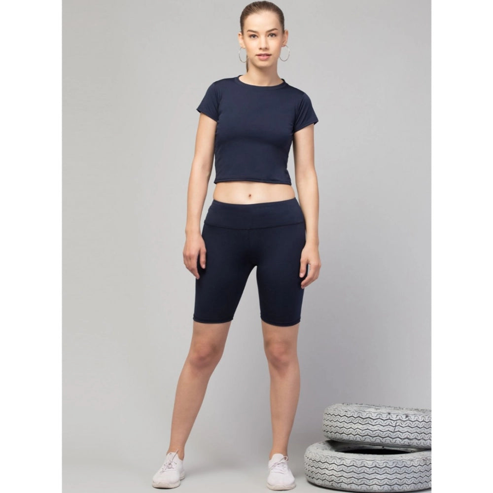 HD Women's Polyester Solid Above Knee High-Rise Shorts (Navy)