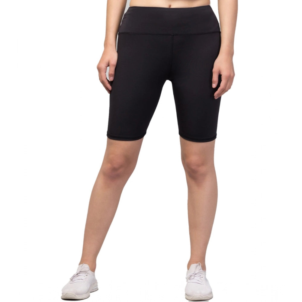 HD Women's Polyester Solid Above Knee High-Rise Shorts (Black)
