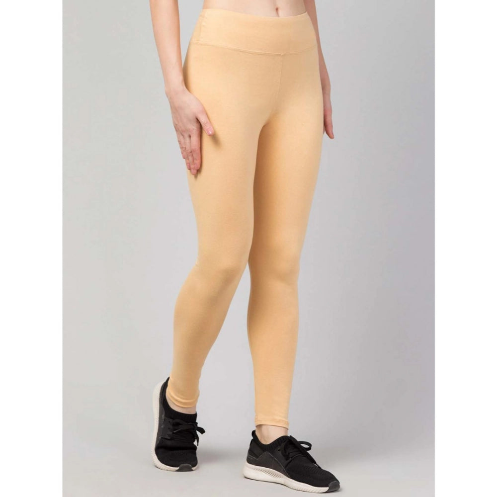 HD Women's Polyester Solid Ankle Length High-Rise Tights (Beige)