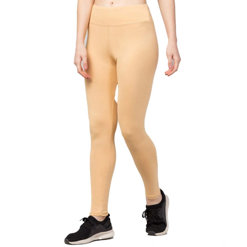 HD Women's Polyester Solid Ankle Length High-Rise Tights (Beige)