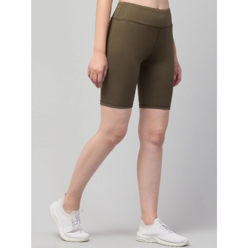 HD Women's Polyester Solid Above Knee High-Rise Shorts (Olive)