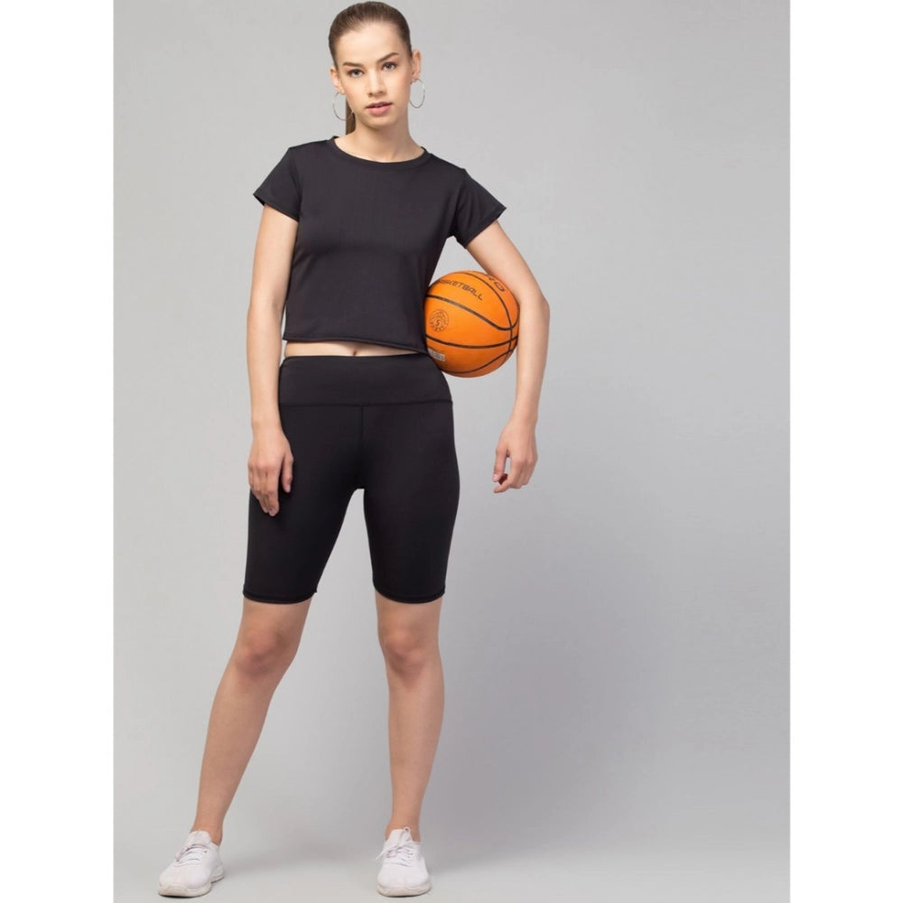 HD Women's Polyester Solid Above Knee High-Rise Shorts (Black)