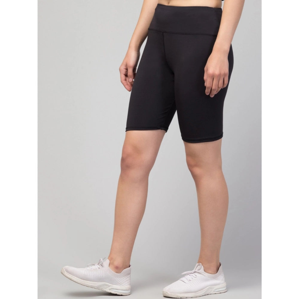 HD Women's Polyester Solid Above Knee High-Rise Shorts (Black)
