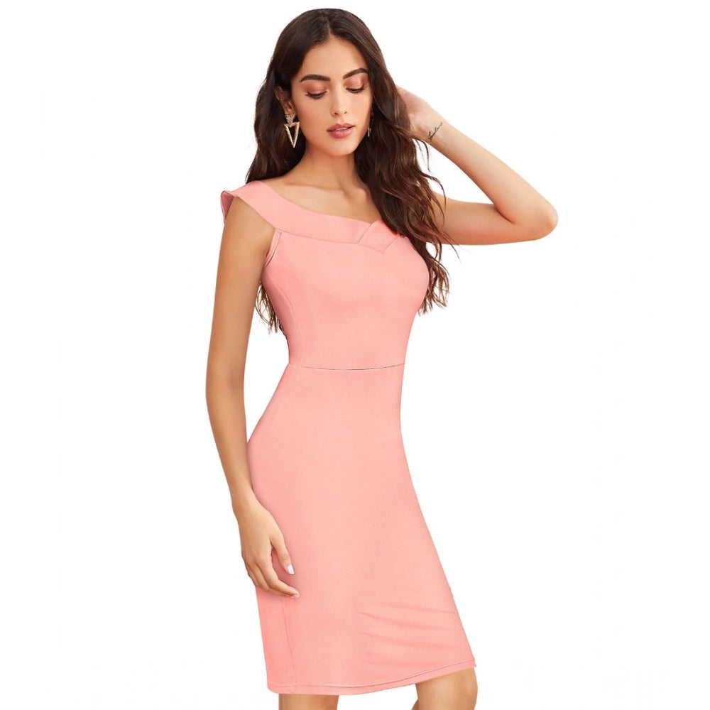 HD Women's Knitting stretchable Solid Round Neck Sleeveless Dress (Peach)